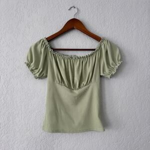 New Look Green Ribbed Milkmaid Short Sleeve Top Size 2
